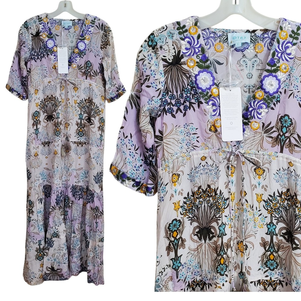 Taj by Sabrina Crippa Maxi Dress Fits M/L Embroidered Sequins Floral Tassels NEW